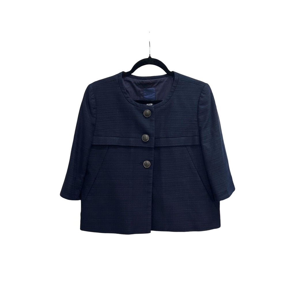 J.Crew Womens Navy Blue Cotton Hemp Textured Cropped 3/4 Sleeve Jacket Size 12